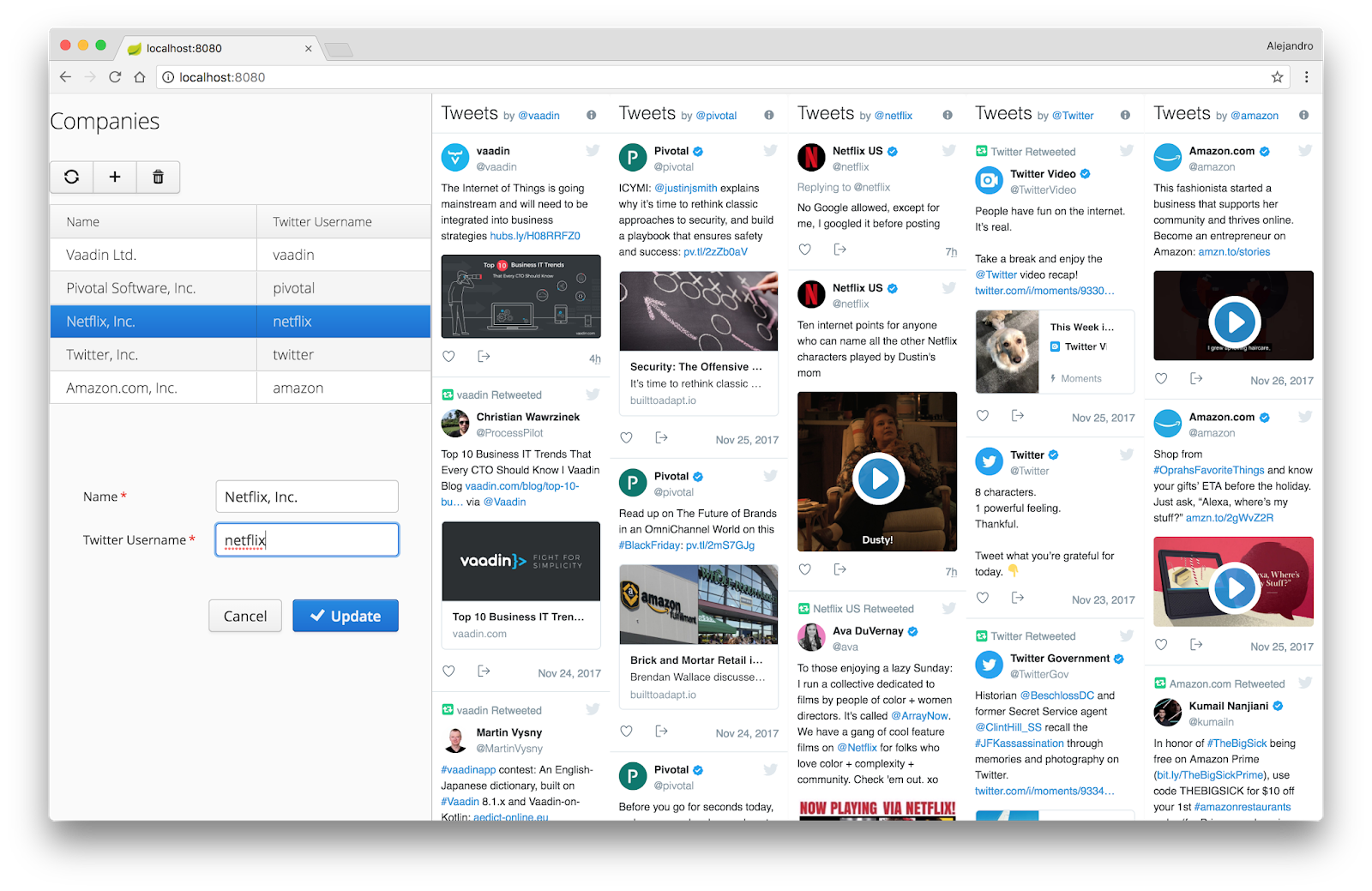 Screenshot of an application running from several microservices